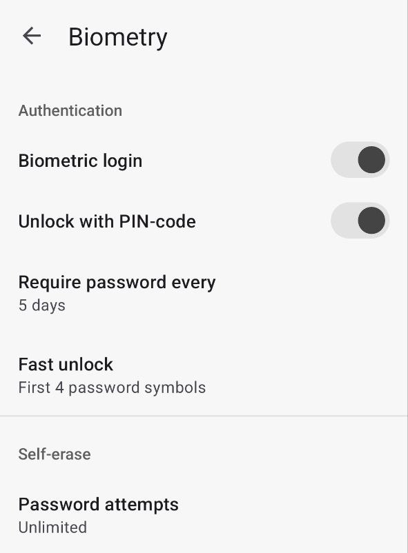 Android Biometry settings screen