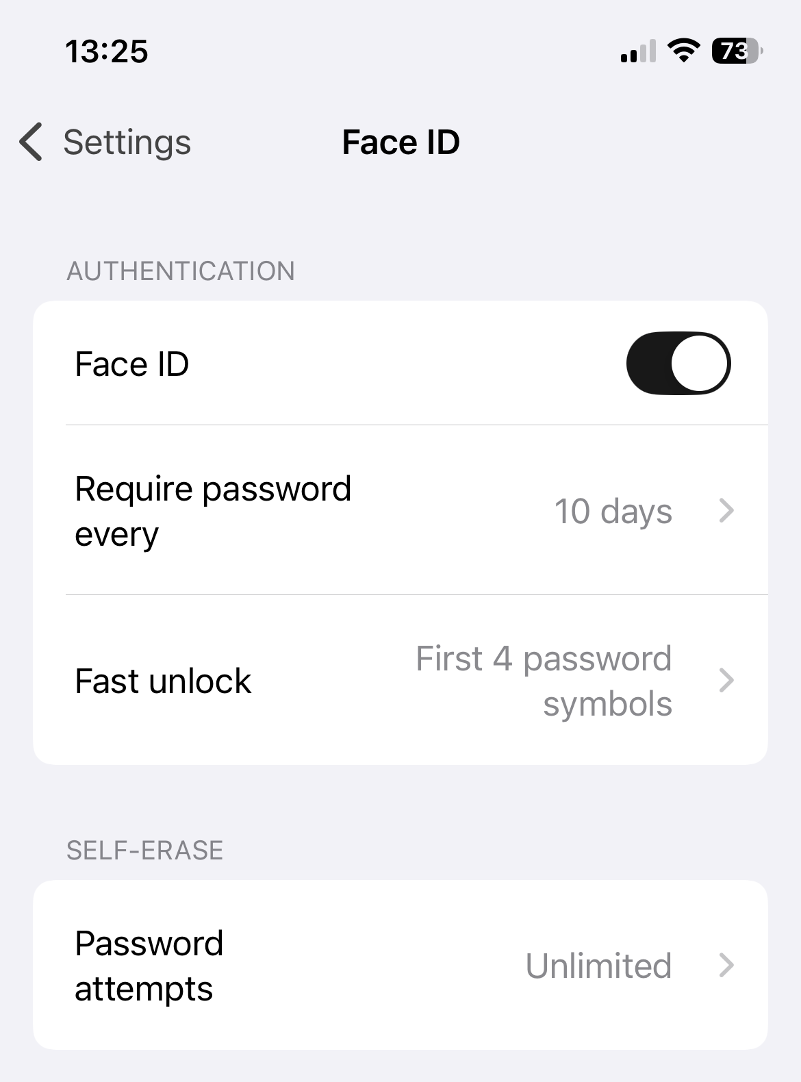 Face ID settings in Safe